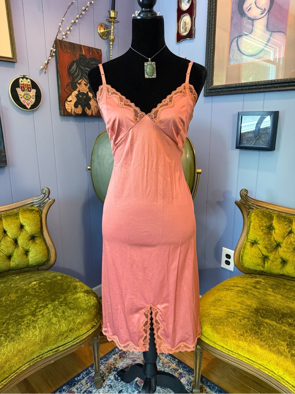 Vintage 60s Henson Kickernick Dusty Rose Lace Slip Dress Size 36